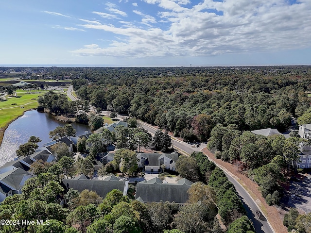 drone / aerial view with a water view and a forest view