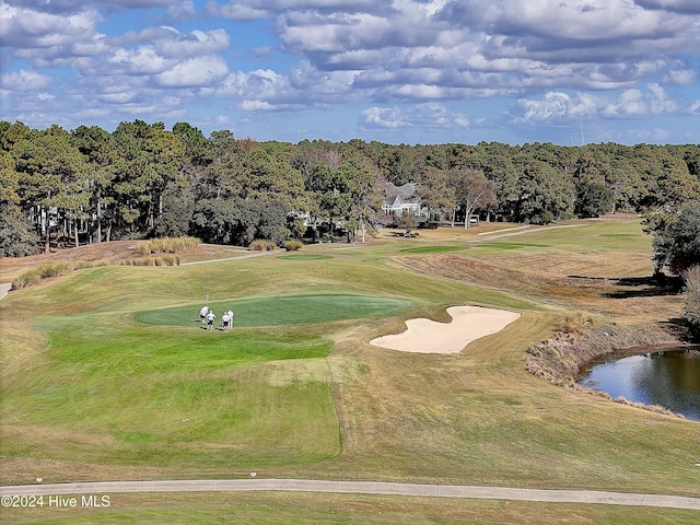 view of community with a water view, golf course view, and a lawn