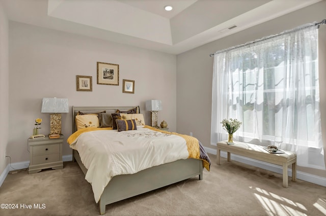 bedroom with light carpet and a tray ceiling