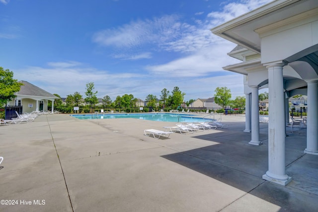 view of swimming pool with a patio