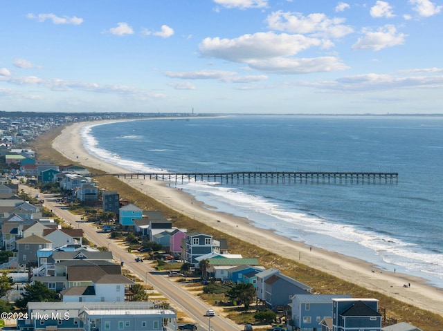 aerial view featuring a water view and a beach view