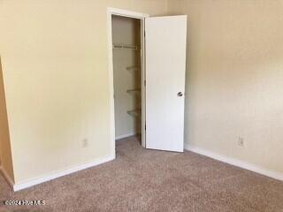 unfurnished bedroom with a walk in closet, carpet floors, and a closet