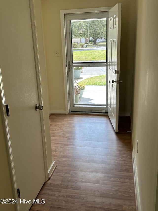 doorway to outside with light wood-type flooring