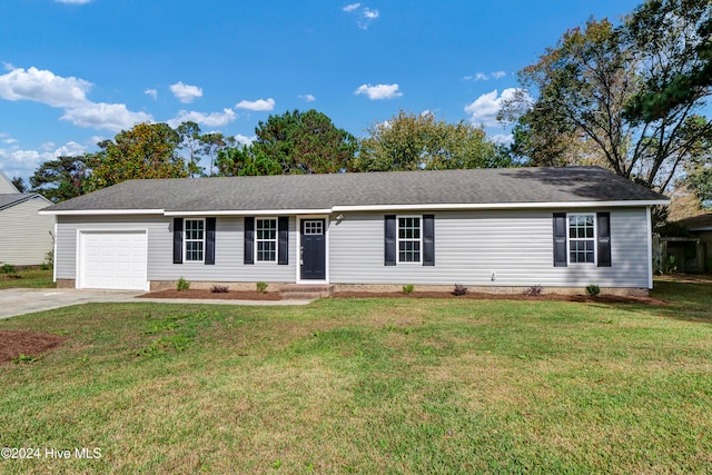 single story home with a front yard and a garage