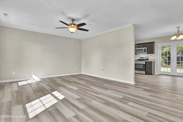 1912 Paulette Rd, Morehead City, NC 28557 - unfurnished living room featuring light wood-type flooring, baseboards, ceiling fan, french doors, and ornamental molding