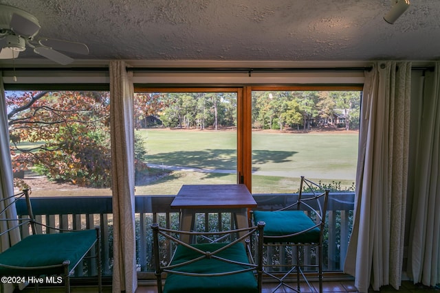 interior space featuring a ceiling fan, a healthy amount of sunlight, and a textured ceiling