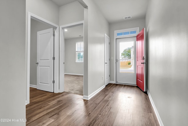 entryway with dark wood-type flooring