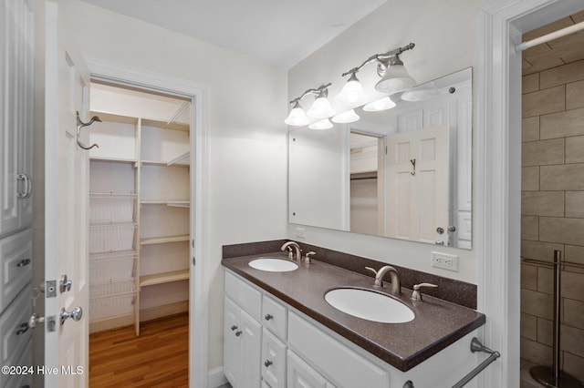 bathroom with hardwood / wood-style floors and vanity