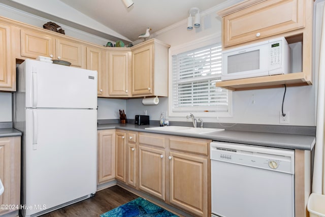 kitchen with sink, ornamental molding, dark hardwood / wood-style floors, white appliances, and vaulted ceiling