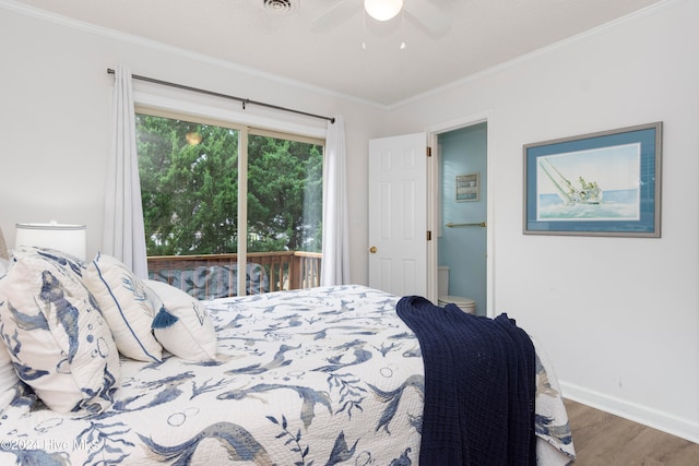 bedroom with hardwood / wood-style flooring, ceiling fan, access to exterior, and ornamental molding