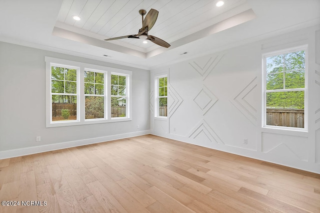 unfurnished room with light hardwood / wood-style floors, a healthy amount of sunlight, a tray ceiling, and ceiling fan