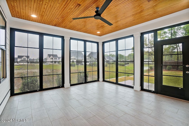 unfurnished sunroom featuring wood ceiling and ceiling fan