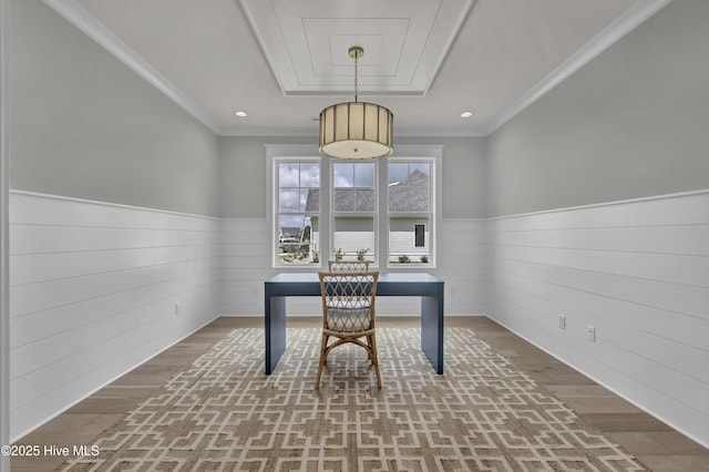 612 Waterstone Dr, Wilmington, NC 28411 - office with wood finished floors, wainscoting, crown molding, wood walls, and a tray ceiling