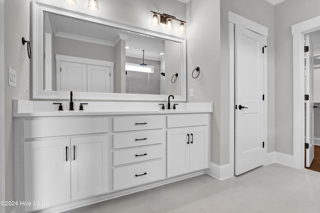 bathroom featuring tile patterned flooring, a shower, vanity, and ornamental molding