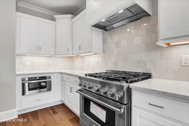 kitchen featuring decorative backsplash, custom range hood, stainless steel appliances, and dark hardwood / wood-style flooring