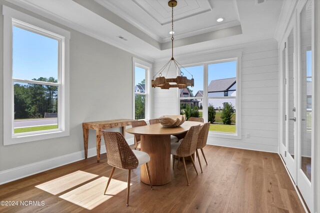 dining area with a raised ceiling, wood-type flooring, and plenty of natural light