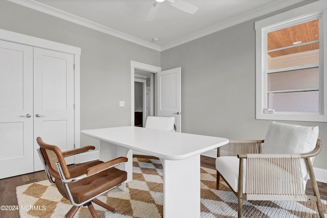 home office featuring ceiling fan, ornamental molding, and dark hardwood / wood-style flooring