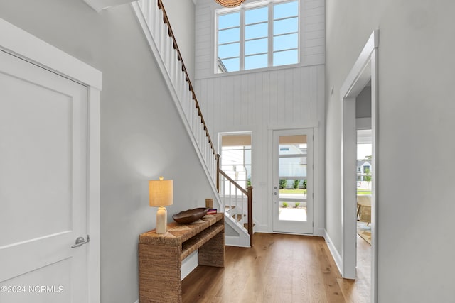 foyer with a towering ceiling and light wood-type flooring