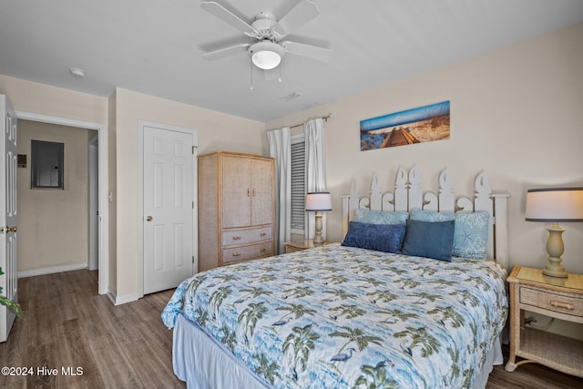 bedroom with hardwood / wood-style floors and ceiling fan