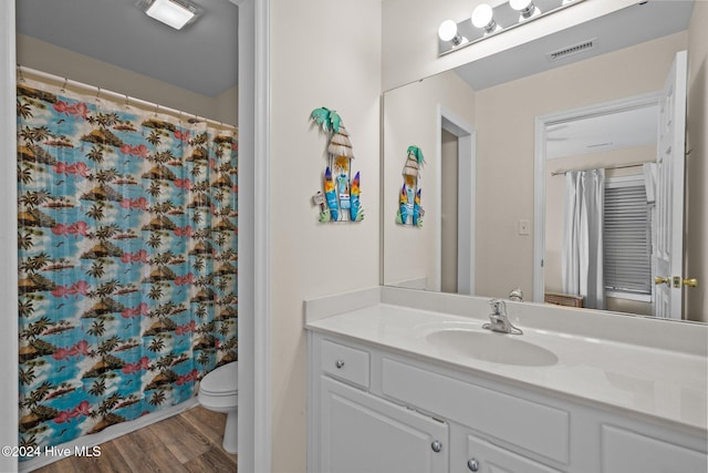 bathroom with vanity, wood-type flooring, and toilet