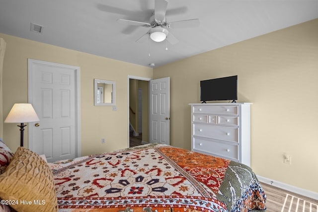 bedroom featuring hardwood / wood-style floors and ceiling fan