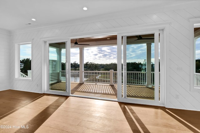 doorway to outside with wooden walls, ceiling fan, and plenty of natural light