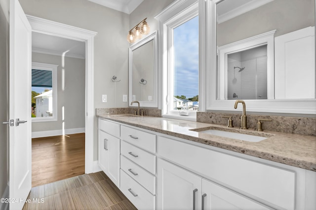 bathroom featuring vanity, hardwood / wood-style flooring, a healthy amount of sunlight, and a shower