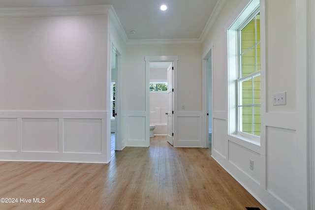 interior space featuring a decorative wall, crown molding, light wood finished floors, and a wealth of natural light
