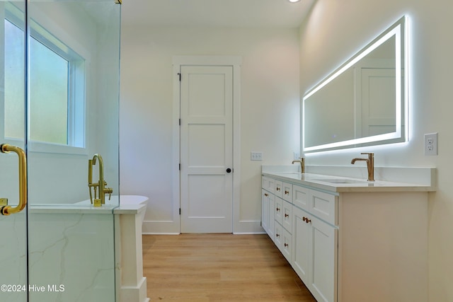 bathroom with wood-type flooring and plus walk in shower