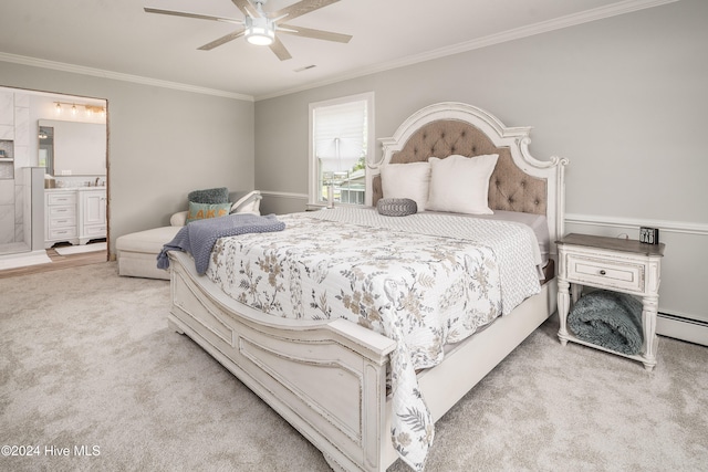 carpeted bedroom with ornamental molding, ensuite bathroom, a baseboard heating unit, and ceiling fan