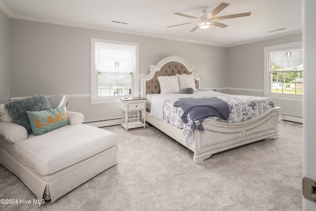 bedroom with baseboard heating, ornamental molding, light colored carpet, and ceiling fan