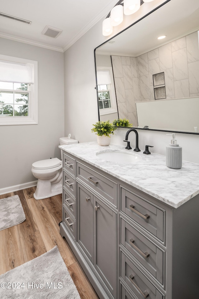 bathroom with vanity, ornamental molding, toilet, and wood-type flooring