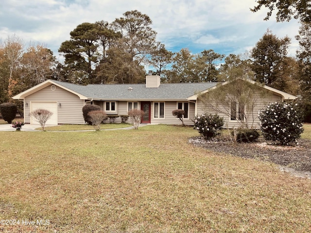 single story home featuring a front lawn and a garage