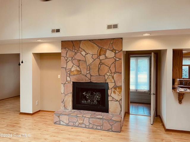 details with hardwood / wood-style floors and a fireplace