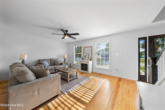 living room with ceiling fan and light wood-type flooring