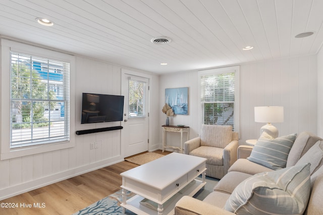 living room featuring light wood-type flooring and a healthy amount of sunlight