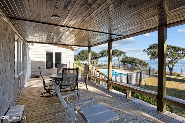 wooden terrace with a fenced in pool and a water view