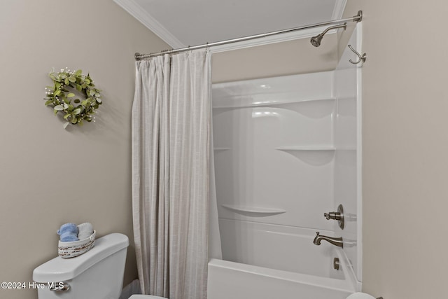 bathroom with toilet, ornamental molding, and shower / tub combo with curtain