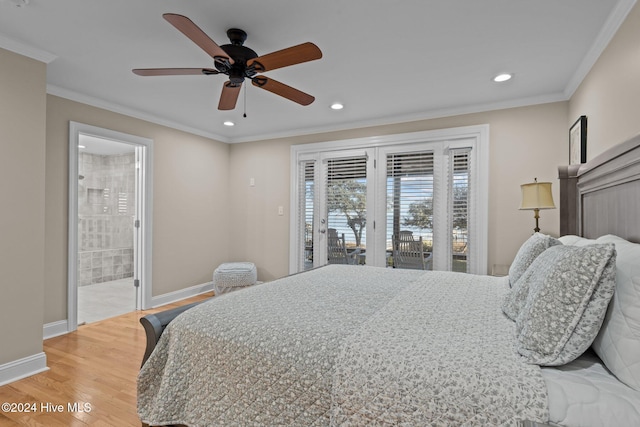 bedroom featuring ensuite bathroom, access to outside, hardwood / wood-style floors, ceiling fan, and crown molding