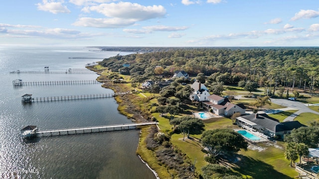 aerial view featuring a water view