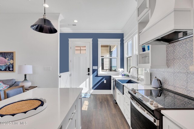 kitchen with a sink, premium range hood, electric range, white cabinetry, and dark wood-style flooring