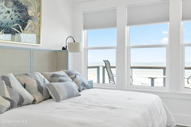 bedroom featuring multiple windows and a water view