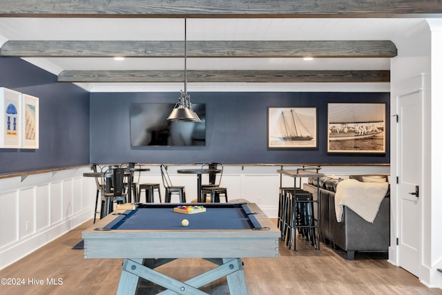 game room featuring beamed ceiling, wood finished floors, and billiards