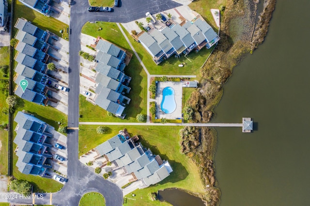 drone / aerial view featuring a water view