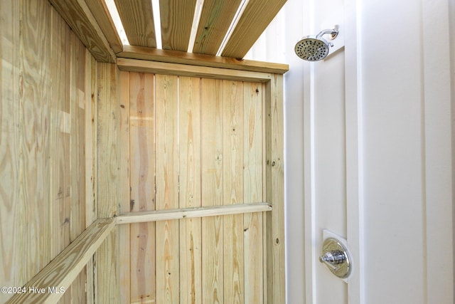 interior details with walk in shower and wooden walls