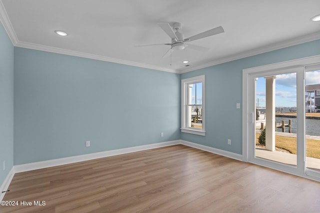 empty room featuring plenty of natural light, light hardwood / wood-style floors, and ornamental molding