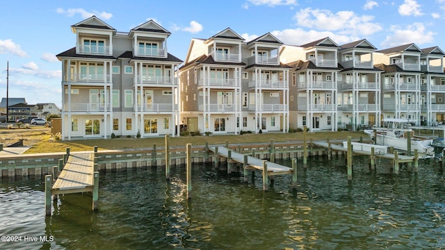 exterior space with a water view