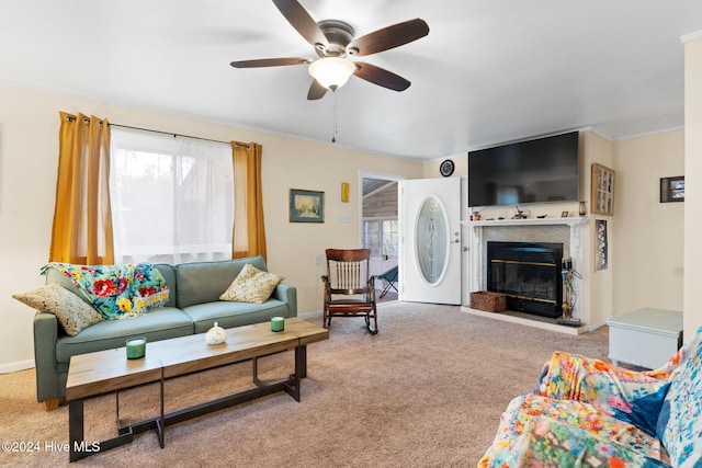 carpeted living room with ceiling fan, a wealth of natural light, crown molding, and a fireplace