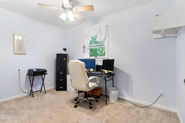 carpeted home office with ceiling fan and ornamental molding