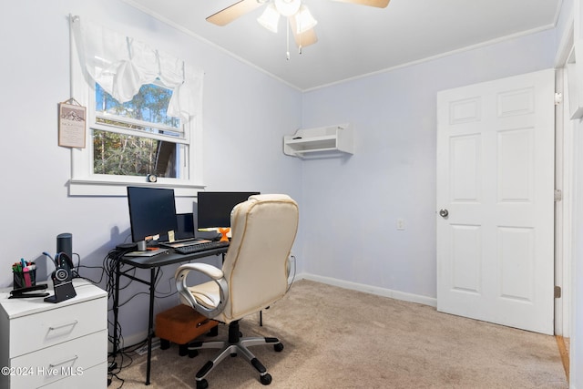 office area with light carpet, ceiling fan, and crown molding